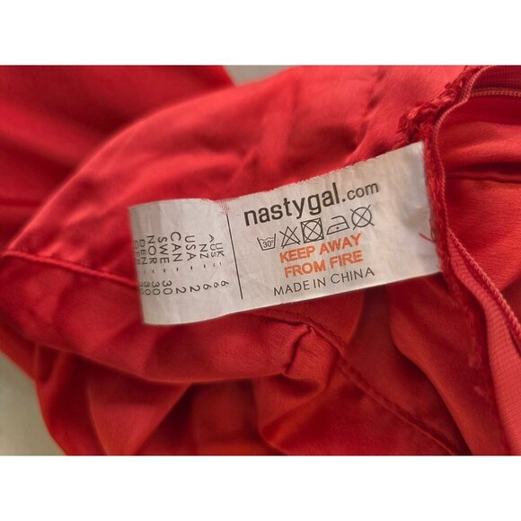 Nasty Gal Red Satin Ruched Wrap Style Blouse Size 2 Long Cuff Slv Plunging VNeck - Picture 8 of 9